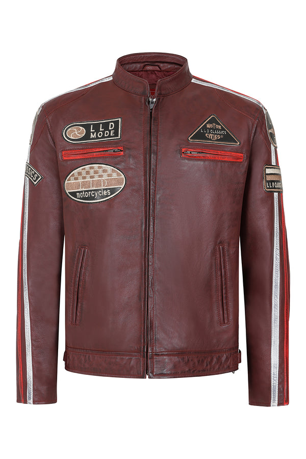 FRANK men's burgundy leather racing jacket with badges in sizes S to 5XL by LLD Original