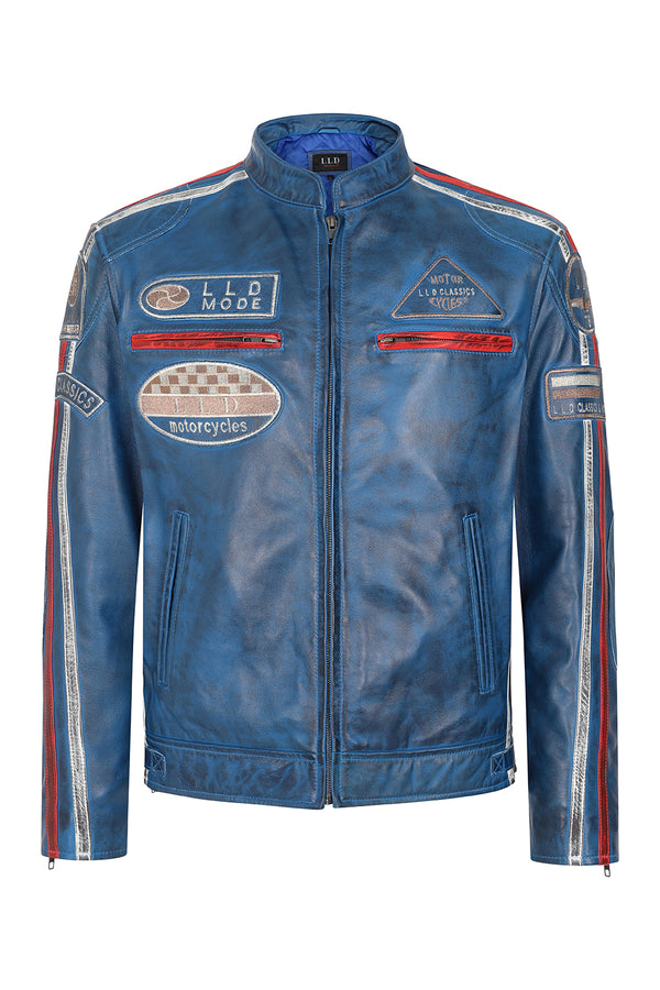 Men's blue genuine leather racing jacket with stripes, 27-inch length, available in various sizes by LLD Original