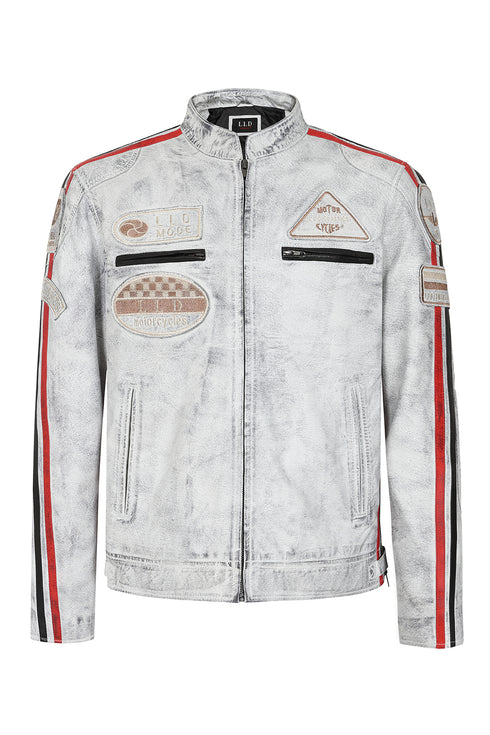 LLD Original white denim look racing jacket for bikers, featuring a 27-inch length and available in multiple sizes.