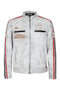 LLD Original white denim look racing jacket for bikers, featuring a 27-inch length and available in multiple sizes.