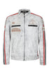 LLD Original white denim look racing jacket for bikers, featuring a 27-inch length and available in multiple sizes.