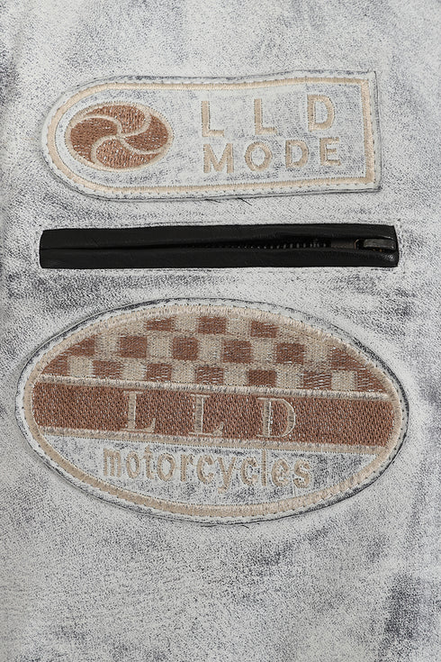 LLD Original white denim look leather racing jacket for bikers, 27-inch length, available in 2XL to 4XL sizes