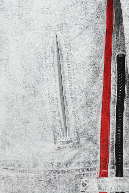 White denim look genuine leather racing jacket by LLD Original, tailored for bikers in 2XL size.