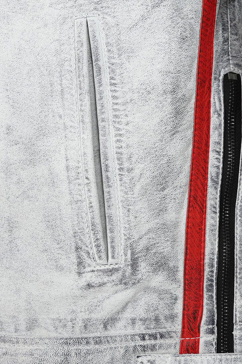 LLD Original white denim look leather racing jacket for bikers, 27-inch length, available in 2XL to 4XL sizes.