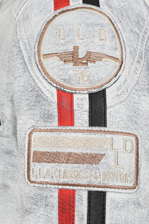 LLD Original white denim look leather racing jacket for bikers, 27-inch length, available in multiple sizes.