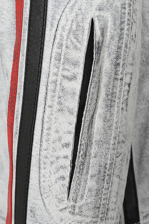 LLD Genuine Leather Racing Jacket White Denim Look - FRANK
