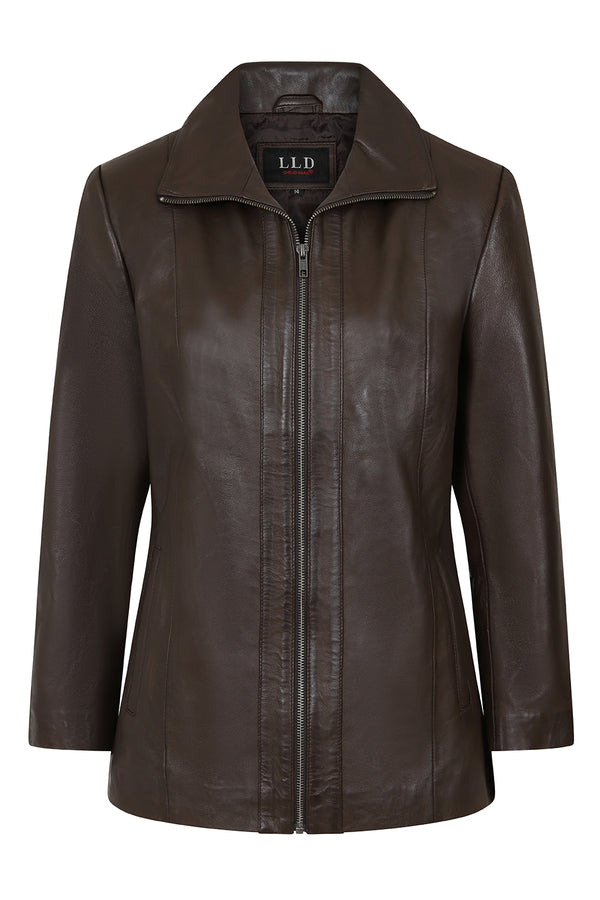 Women's brown Nappa leather jacket with adjustable collar, 25-inch length, by LLD Original, available in sizes 8, 10, 12.