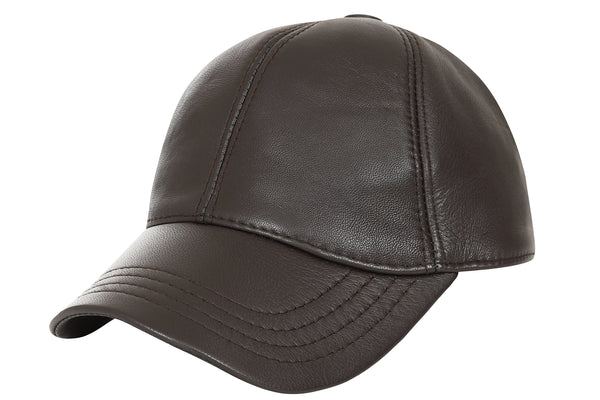 Premium brown leather baseball cap with curved peak by LLD Original, adjustable and stylish headwear accessory.
