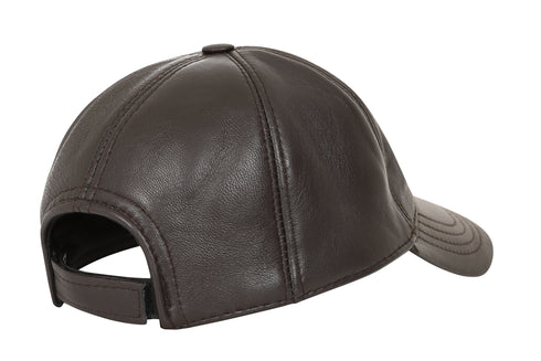 Premium dark brown leather baseball cap with curved peak by LLD Original, adjustable fit for comfort.