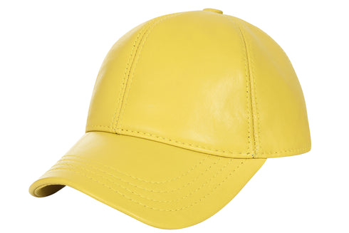 Premium yellow leather baseball cap with curved peak and adjustable strap by LLD Original