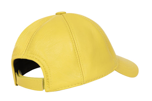 Premium yellow leather baseball cap with curved peak and adjustable strap by LLD Original