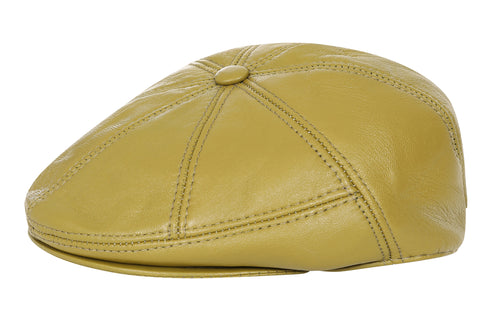 Olive lamb nappa leather flat cap by LLD Original in London style, showcasing a classic British design.
