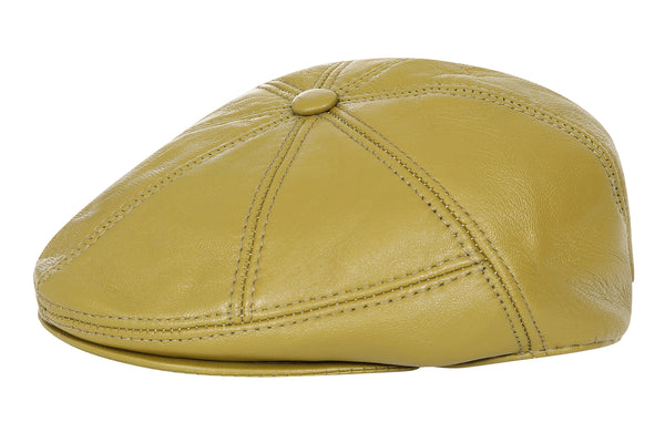 Olive lamb nappa leather flat cap by LLD Original in London style, showcasing a classic British design.