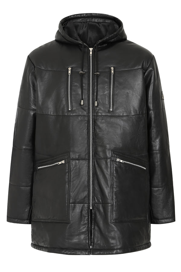 Men's black genuine nappa leather 3/4 length hooded coat by LLD Original, featuring a sleek design and available in multiple