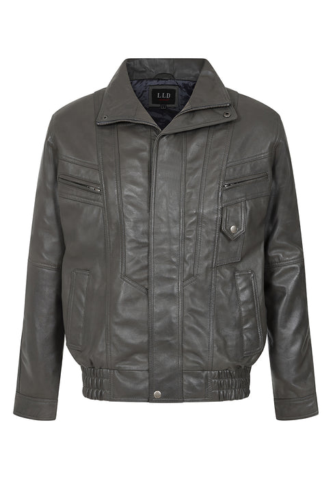 Men's grey nappa leather blouson jacket in classic fit by LLD Original, available in sizes S to 6XL.