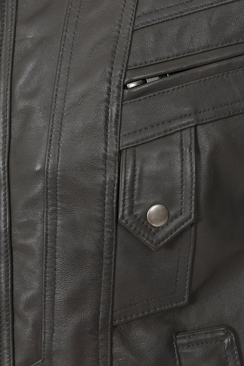 Men's grey nappa leather blouson jacket, classic fit by LLD Original, available in sizes S to 6XL.