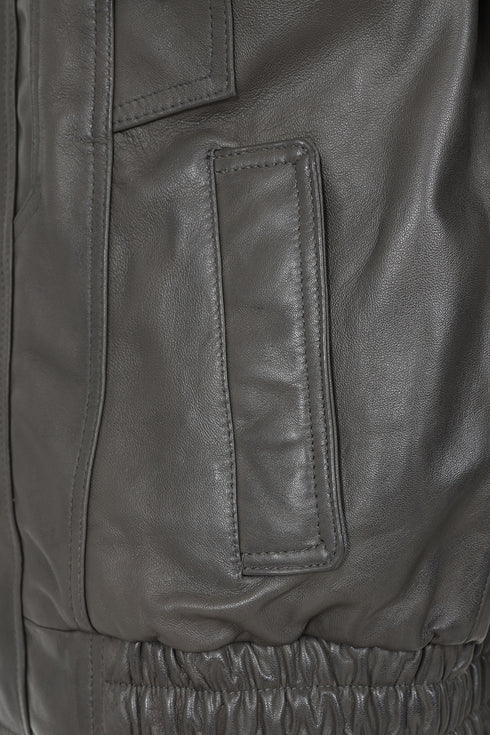 Men's grey nappa leather blouson jacket in classic fit by LLD Original, available in sizes S to 6XL.