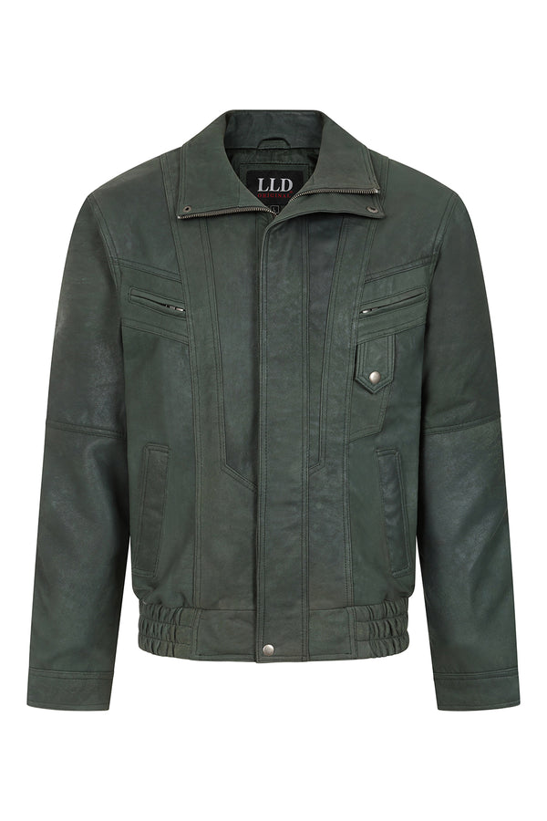 Buff green men's soft nappa leather blouson jacket by LLD Original, featuring a classic blazer style.