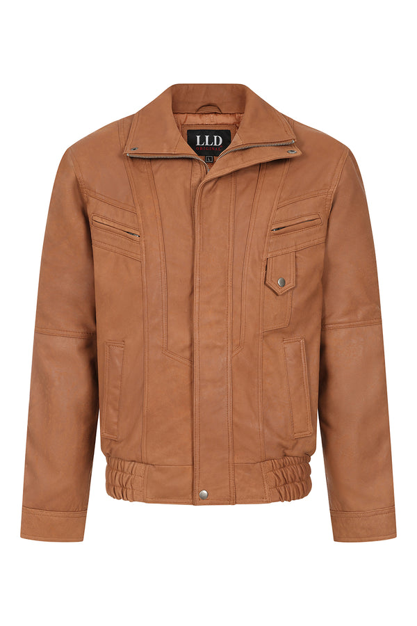Men's tan nappa leather blouson jacket from LLD Original, classic style, available in sizes S to 4XL
