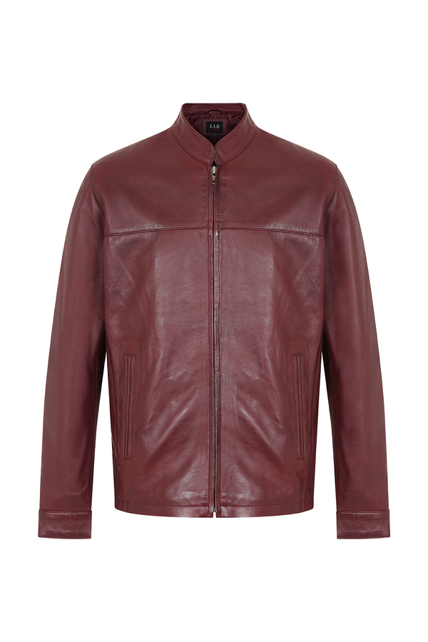 Burgundy Nappa lamb leather jacket by LLD Original with mandarin collar, 28-inch length, available in sizes 2XL-5XL.