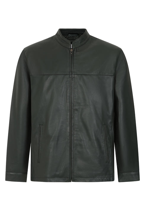 LLD Original green Napa leather mandarin collar jacket with badges, available in sizes S to 4XL.