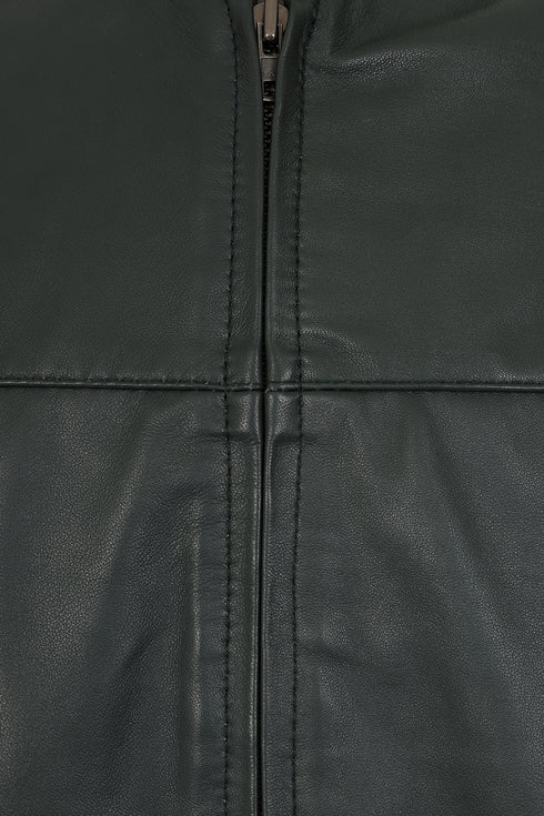 Green napa leather mandarin collar jacket by LLD Original, featuring badges, available in sizes S to 4XL