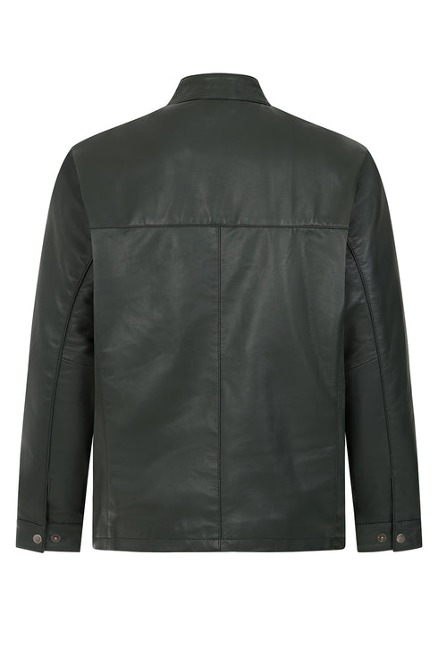 Green Napa leather mandarin collar jacket by LLD Original, classic style, available in sizes S to 4XL.
