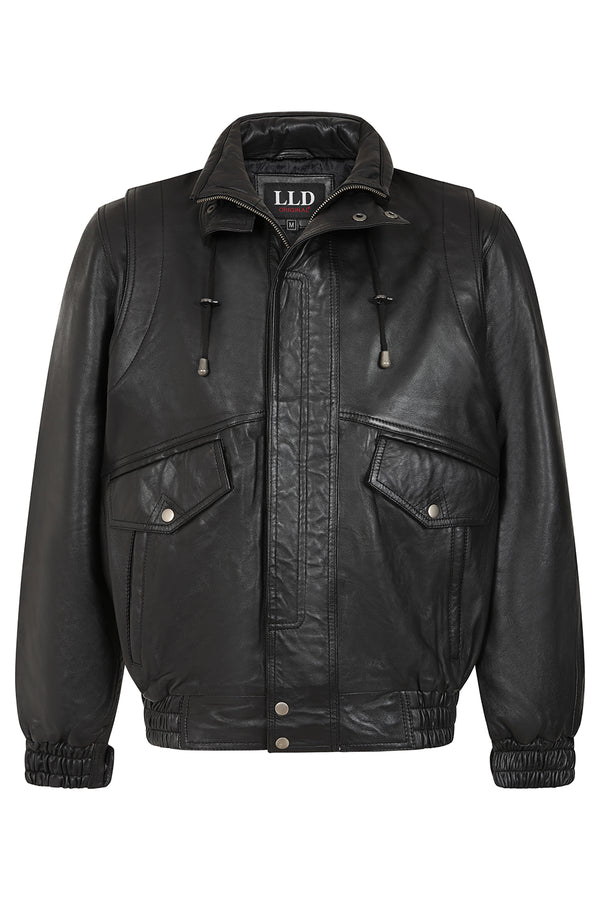 Men's black Napa leather blouson jacket by LLD Original available in sizes 2XL to 5XL