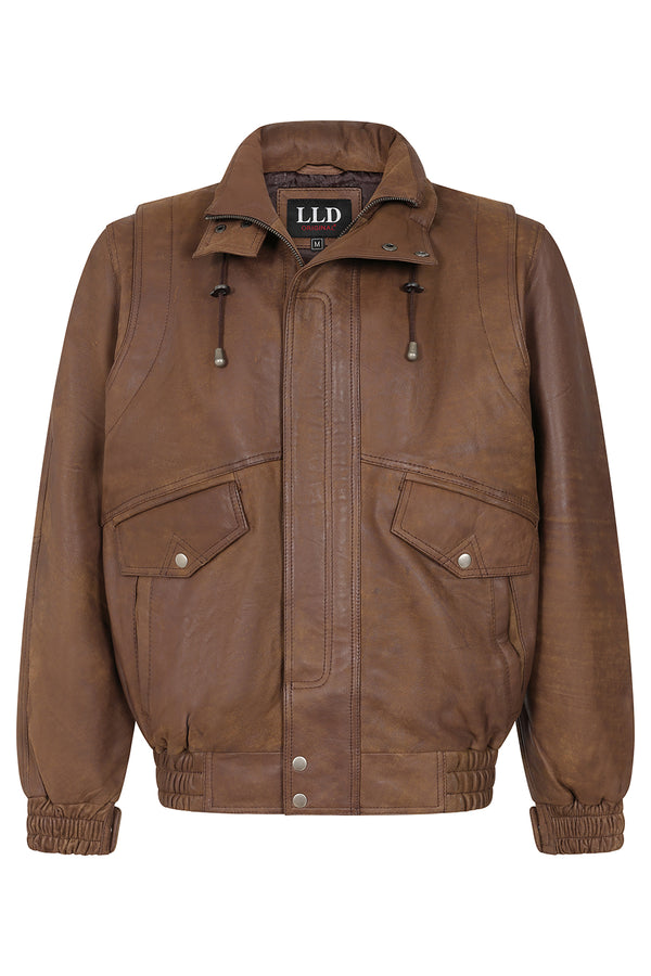 Men's brown Napa leather blouson jacket in classic style by LLD Original, available in multiple sizes.