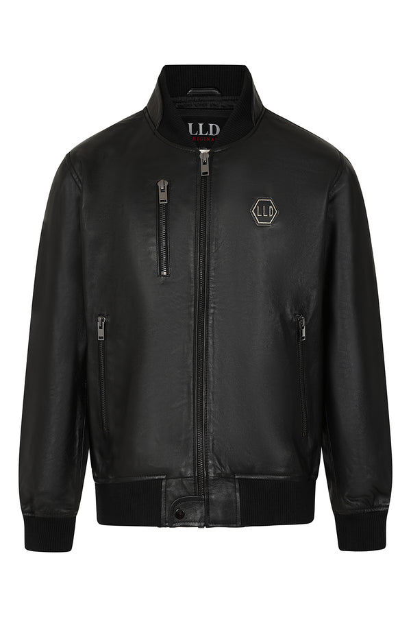 Black premium Nappa leather bomber jacket for men by LLD Original, featuring ribbed cuffs and collar.