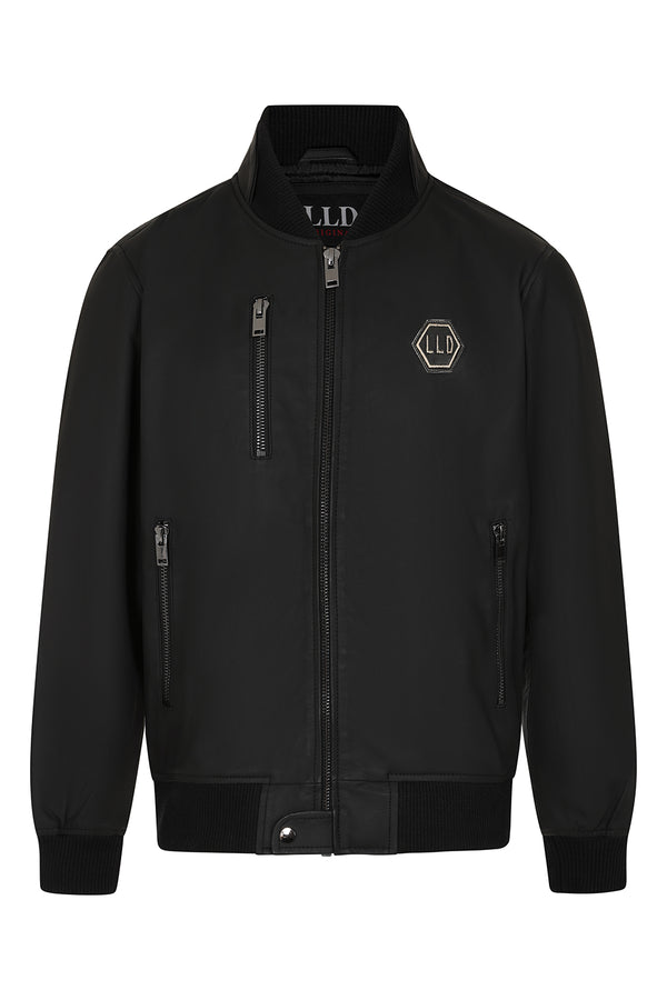Premium black lamb nappa leather bomber jacket by LLD Original, featuring a sleek design in sizes 2XL to 5XL.
