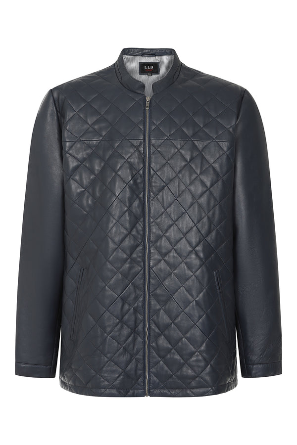 Navy blue quilted nappa leather jacket for men, Ken style, available in sizes 2XL to 4XL by LLD Original