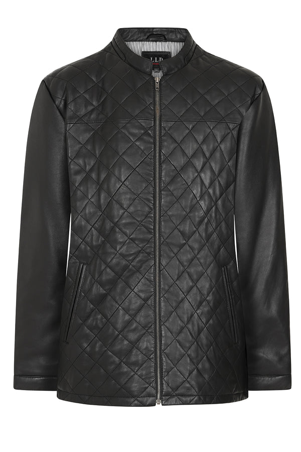 Men's black Nappa leather quilted biker jacket by LLD Original, hip length, available in multiple sizes.