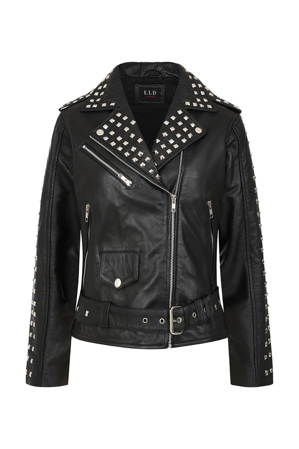 Women's black nappa leather biker jacket with a rock chic design by LLD Original, available in multiple sizes.