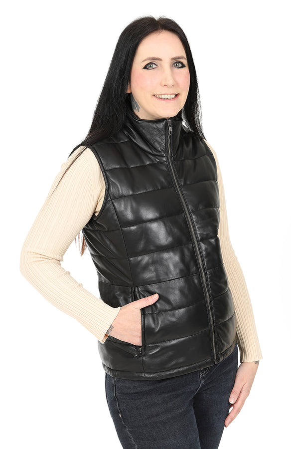 Black quilted nappa leather gilet for women by LLD Original in sizes 8, 10, 12.