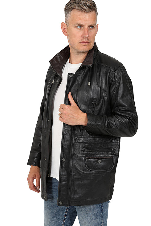 Men's 3/4 length classic black Nappa leather car coat by LLD Original, featuring button closure and side pockets