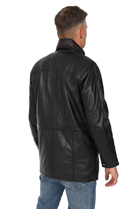 Classic black nappa leather car coat, 3/4 length, by LLD Original, available in multiple sizes up to 6XL.