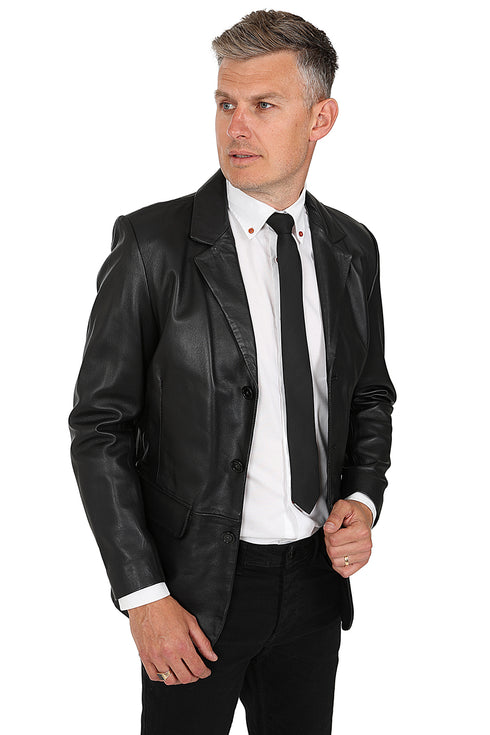 Black genuine Nappa leather 3 button blazer jacket by LLD Original, available in multiple sizes