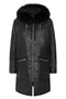 Black women's leather ¾ length coat with fur trimmed hood by LLD Original