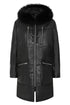 Black women's leather ¾ length coat with fur trimmed hood by LLD Original