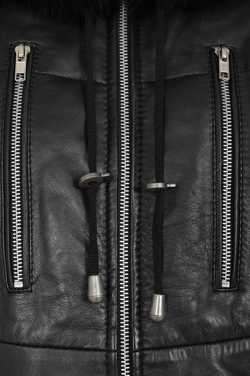 Black leather ¾ length coat with fur-trimmed hood, featuring a stylish collar, by LLD Original