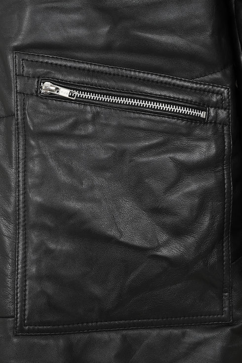 Black leather ¾ length coat with fur trimmed hood from LLD Original, featuring a stylish collar and hip length design.