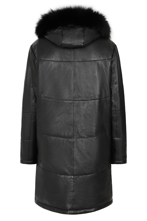 Black leather ¾ length coat with fur trimmed hood, collar, and hip length style by LLD Original
