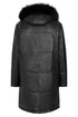 Black leather ¾ length coat with fur trimmed hood, collar, and hip length style by LLD Original