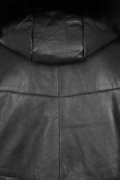 Women's Nappa Leather 3/4 Coat Black Fur Hood - MARIA
