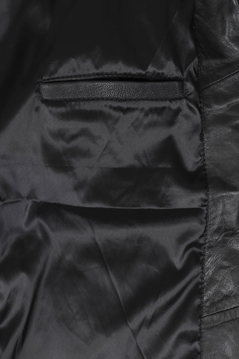 Black ¾ length leather coat with fur trimmed hood, by LLD Original, featuring a stylish collar and hip length design