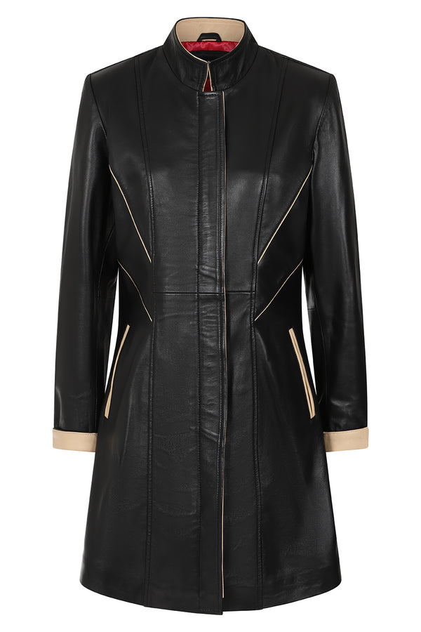 Black cream nappa leather jacket with concealed zip and contrast trim, classic fitted style by LLD Original.