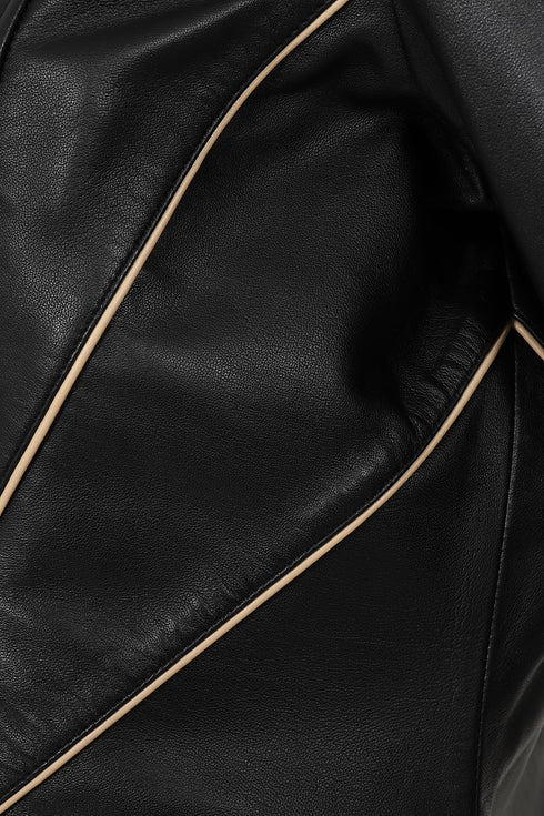 Women's black cream nappa leather jacket with concealed zip and contrast trim by LLD Original