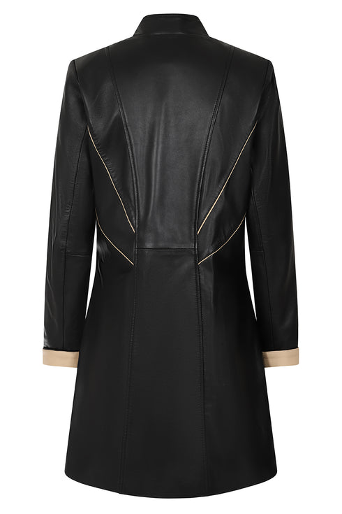 Women's black nappa leather jacket with cream contrast trim, classic fitted style by LLD Original.