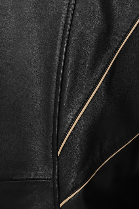 Women's black nappa leather jacket with cream contrast trim, classic fitted style by LLD Original